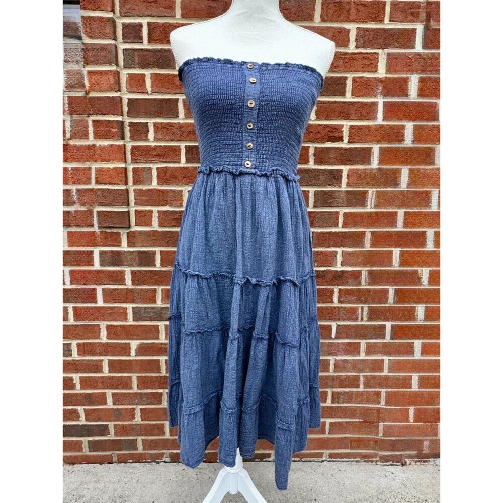 Mlle Gabrielle Strapless Dress Small Blue Chambray Denim Smocked Tiered Rustic